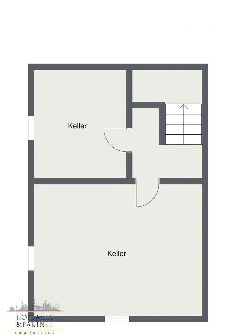 Grundriss des Kellergeschosses mit zwei Kellerräumen und Treppenaufgang.