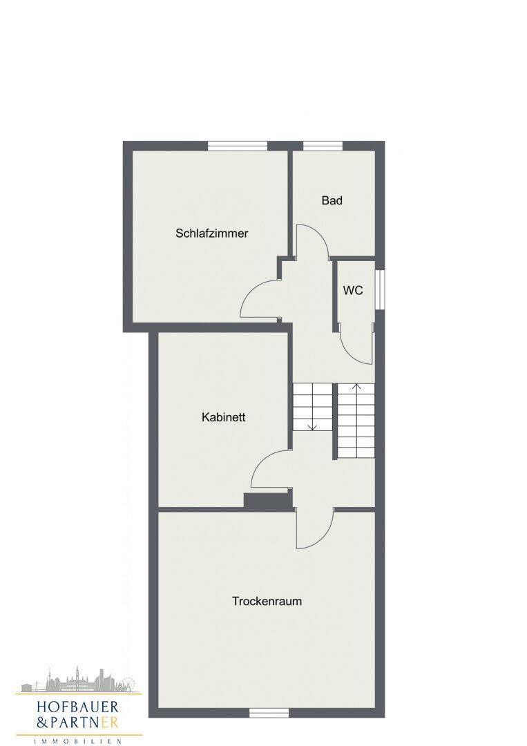 Grundriss des Obergeschosses mit Schlafzimmer, Bad, Kabinett und Trockenraum.