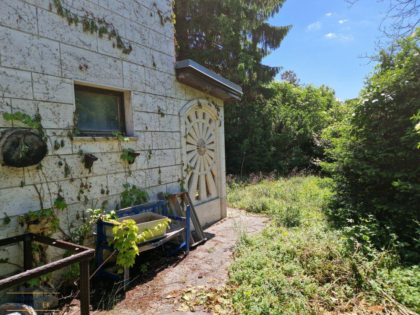 Seitlicher Eingangsbereich des Hauses mit dekorativer Tür und verwildertem Garten.
