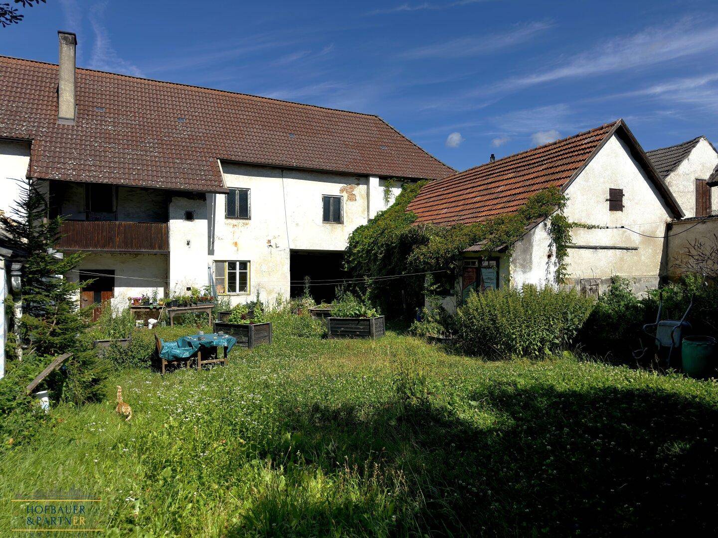 Verwilderter Gartenbereich mit Hochbeeten und einem alten Gebäude mit rotem Ziegeldach im Hintergrund.