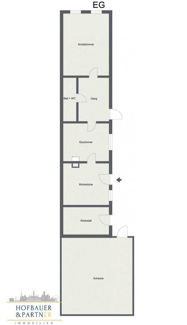 Grundriss des Erdgeschosses mit Schlafzimmer, Bad, Esszimmer, Wohnküche, Werkstatt und Scheune.