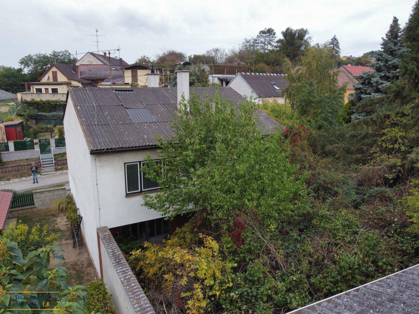 Luftaufnahme des Hauses mit umliegender Vegetation und Nachbarschaft.