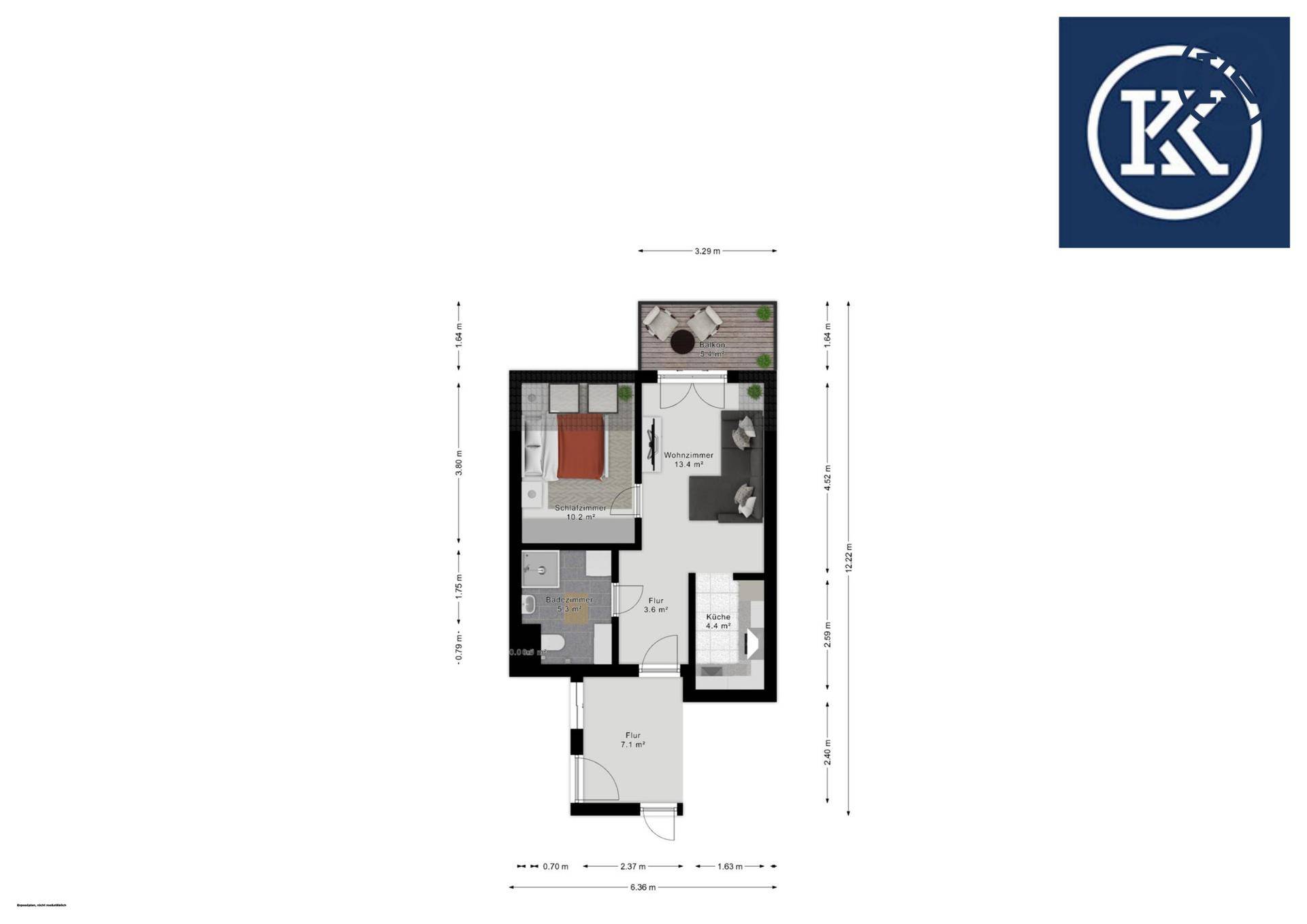 Detaillierter Grundriss einer Wohnung mit Schlafzimmer, Wohnbereich, Küche und Balkon.