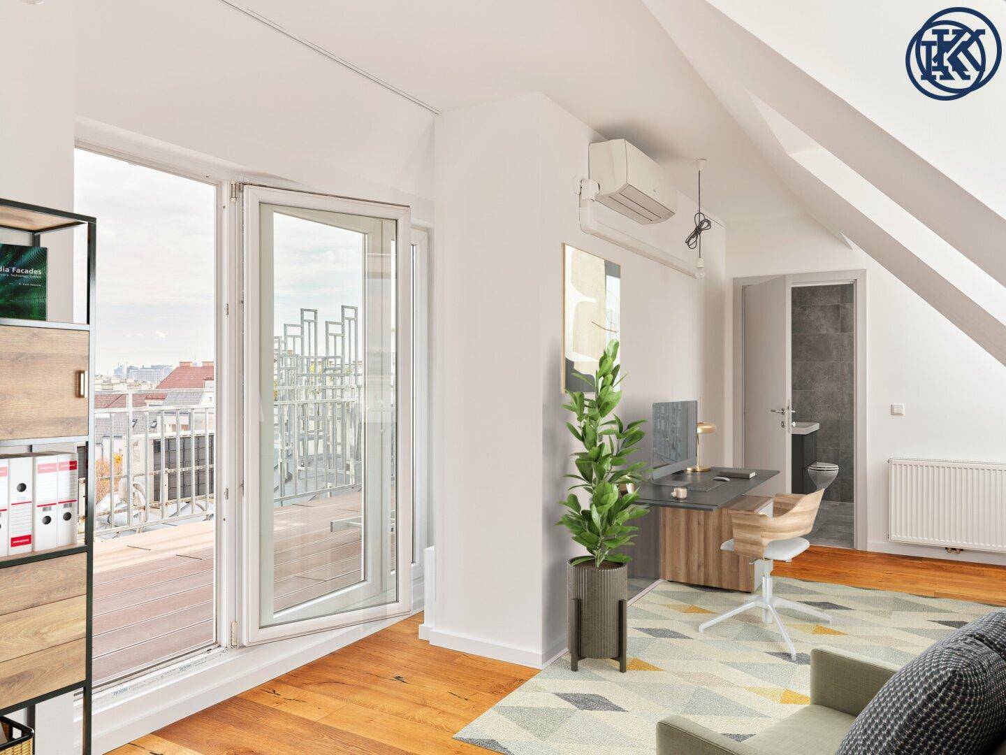 Modern eingerichtetes Büro im Dachgeschoss mit Holzboden, Klimaanlage und direktem Zugang zur Terrasse.