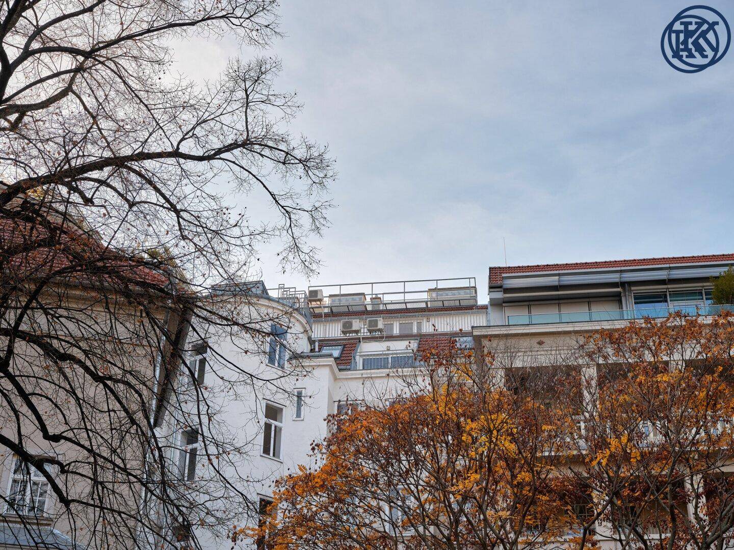 Blick auf die Dächer umliegender Gebäude und Bäume in herbstlicher Färbung unter bewölktem Himmel.