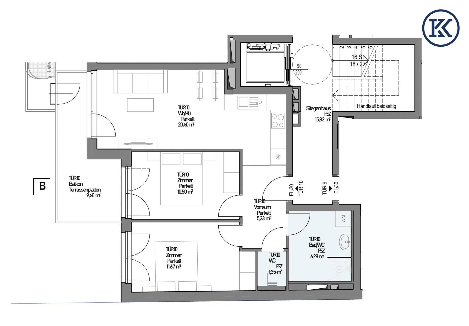 Grundriss einer Wohnung mit zwei Schlafzimmern, offenem Wohnbereich und Balkon.