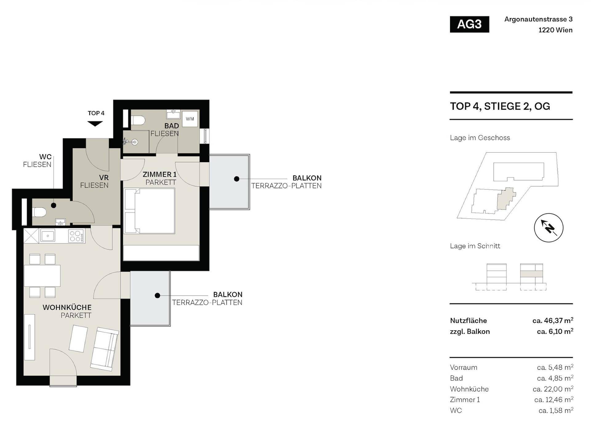 Grundriss einer Wohnung mit Wohnküche, Schlafzimmer, Bad, WC und zwei Balkonen.