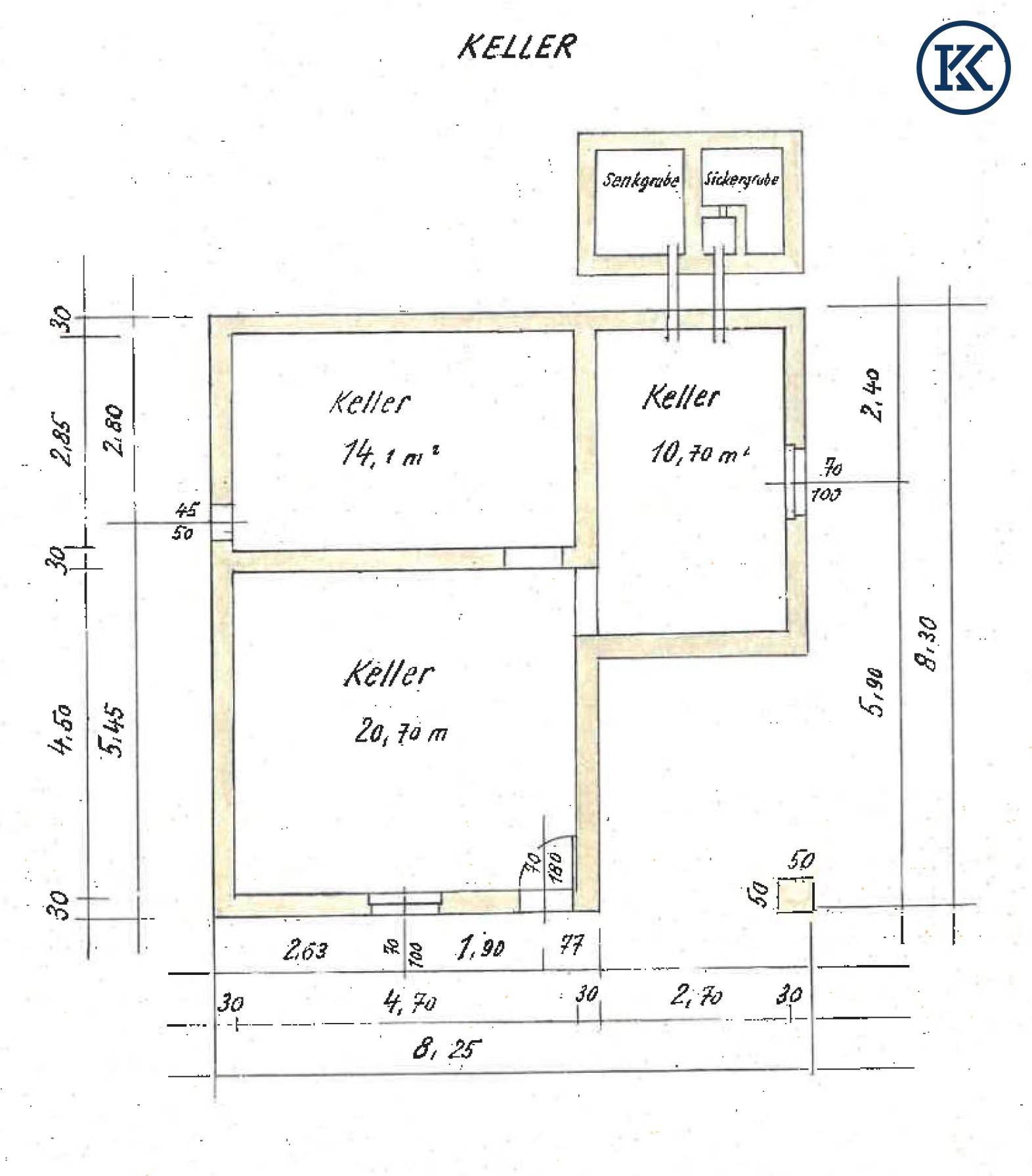 Grundriss des Kellers mit drei Kellerräumen und Sickergrube.