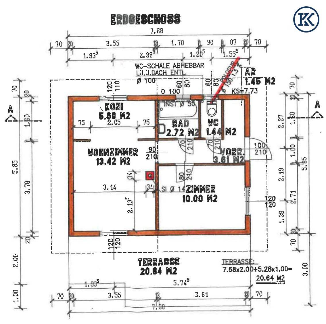 Grundriss des Erdgeschosses mit Wohnzimmer, Zimmer, Bad und Terrasse.