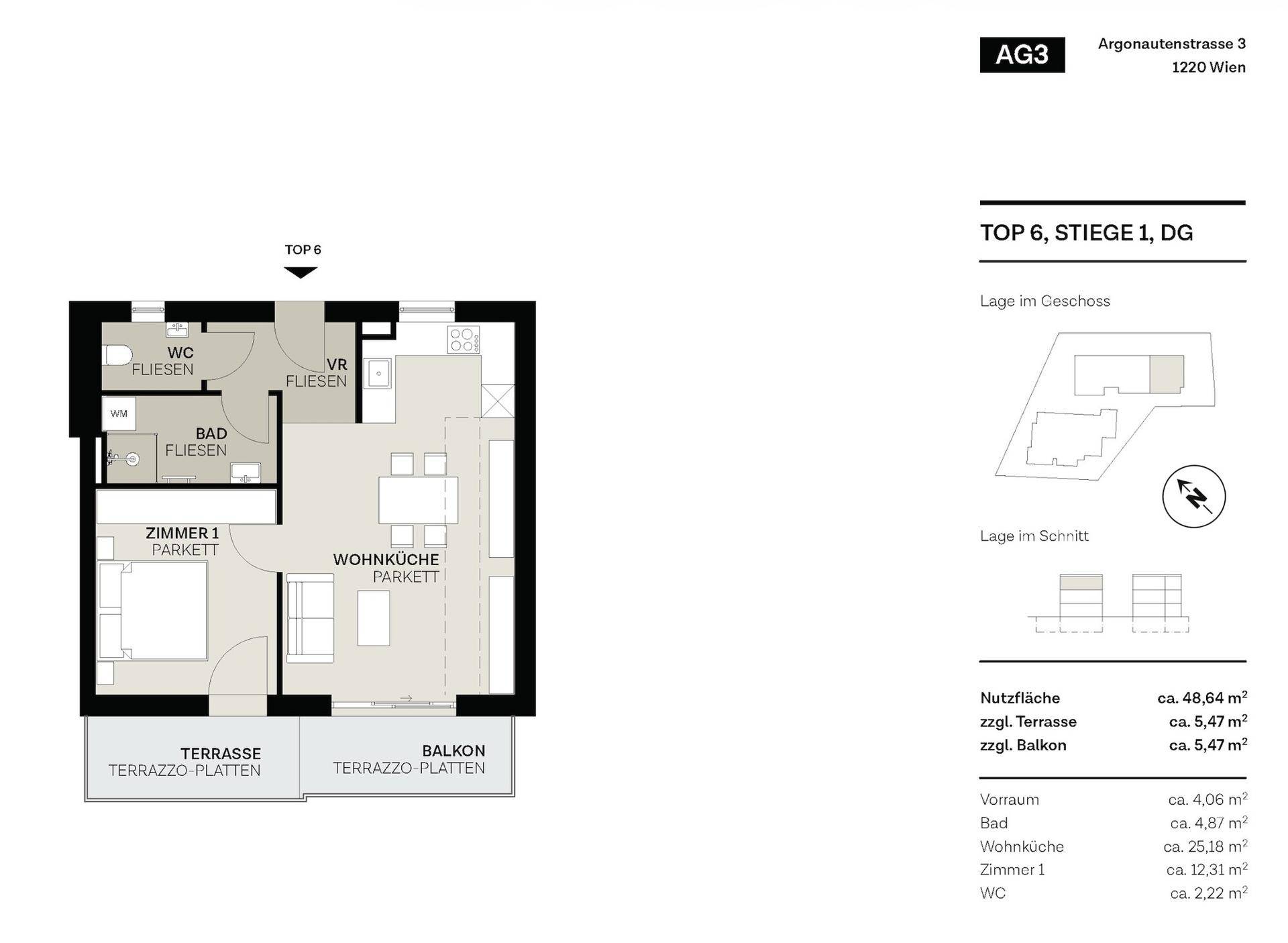 Grundriss der Wohnung Top 6 mit Wohnküche, Schlafzimmer, Bad, WC, Terrasse und Balkon.