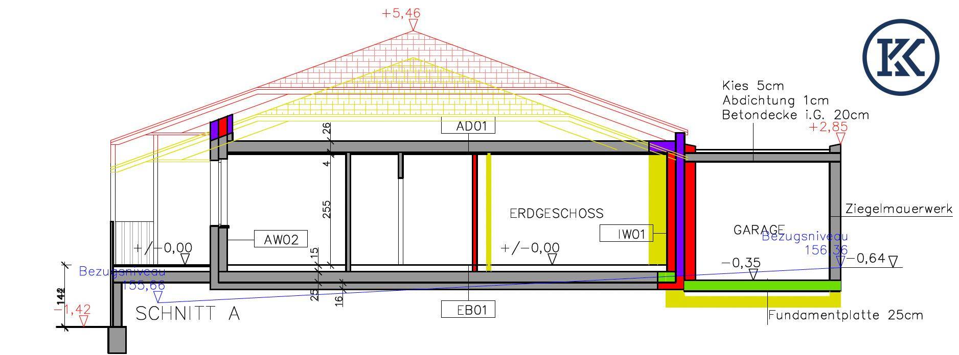 Architektonischer Schnittplan des Gebäudes zeigt Erdgeschoss und Dachkonstruktion mit Garage.