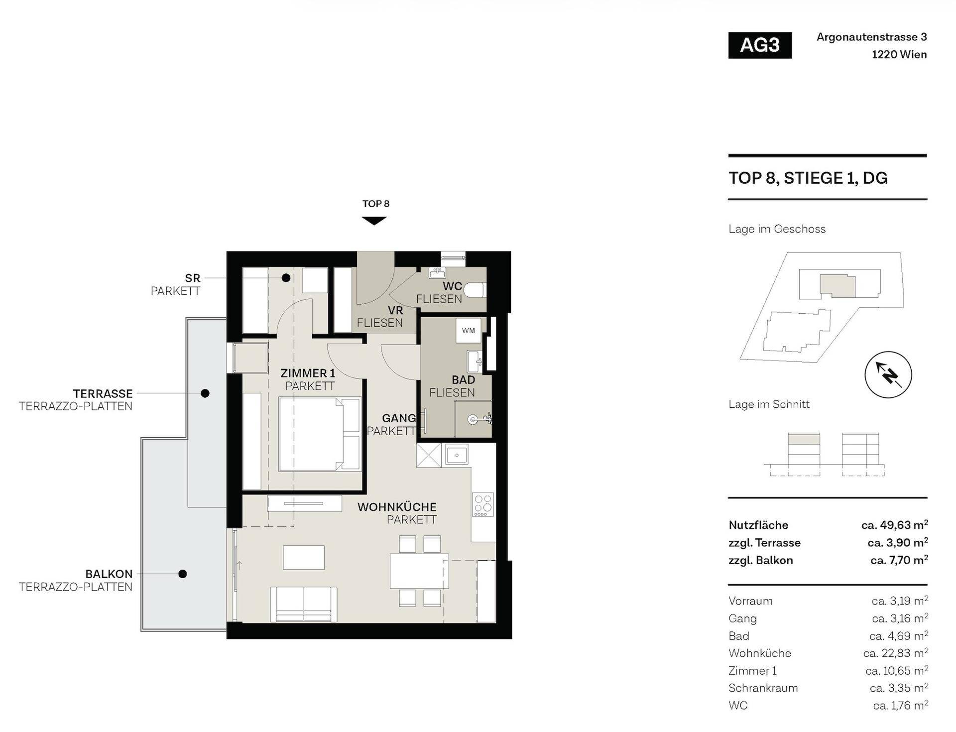 Detaillierter Grundriss einer Wohnung mit Terrasse, Balkon und offener Wohnküche.