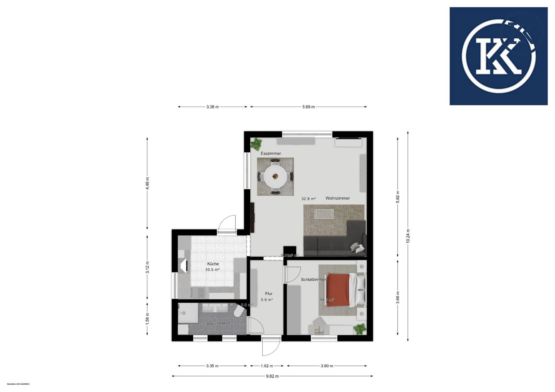 Grundriss des Erdgeschosses mit Wohnzimmer, Schlafzimmer, Bad und großer Terrasse.