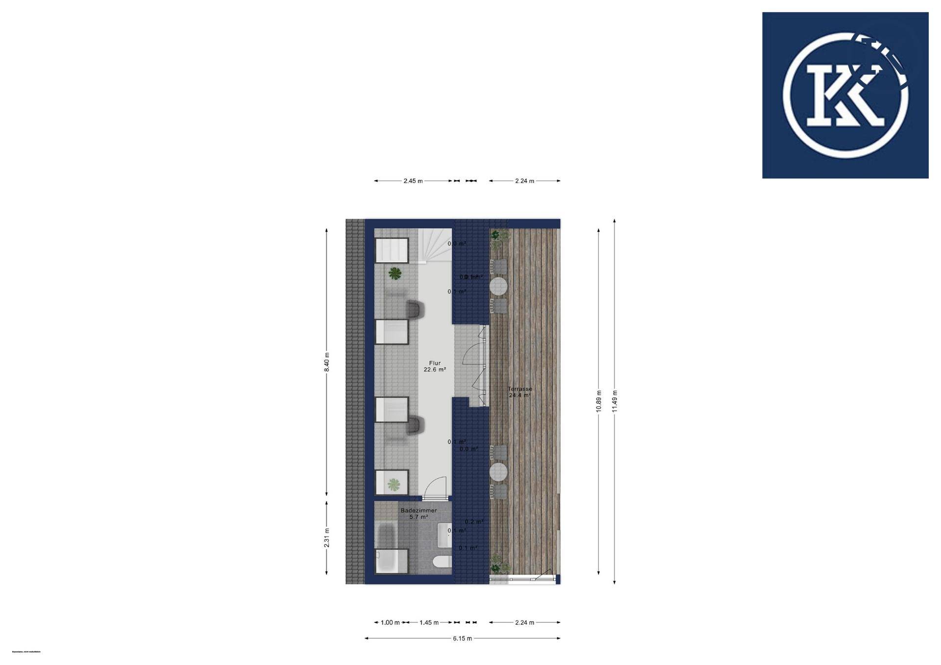Grundriss des oberen Geschosses mit großer Terrasse, Badezimmer und separatem WC.