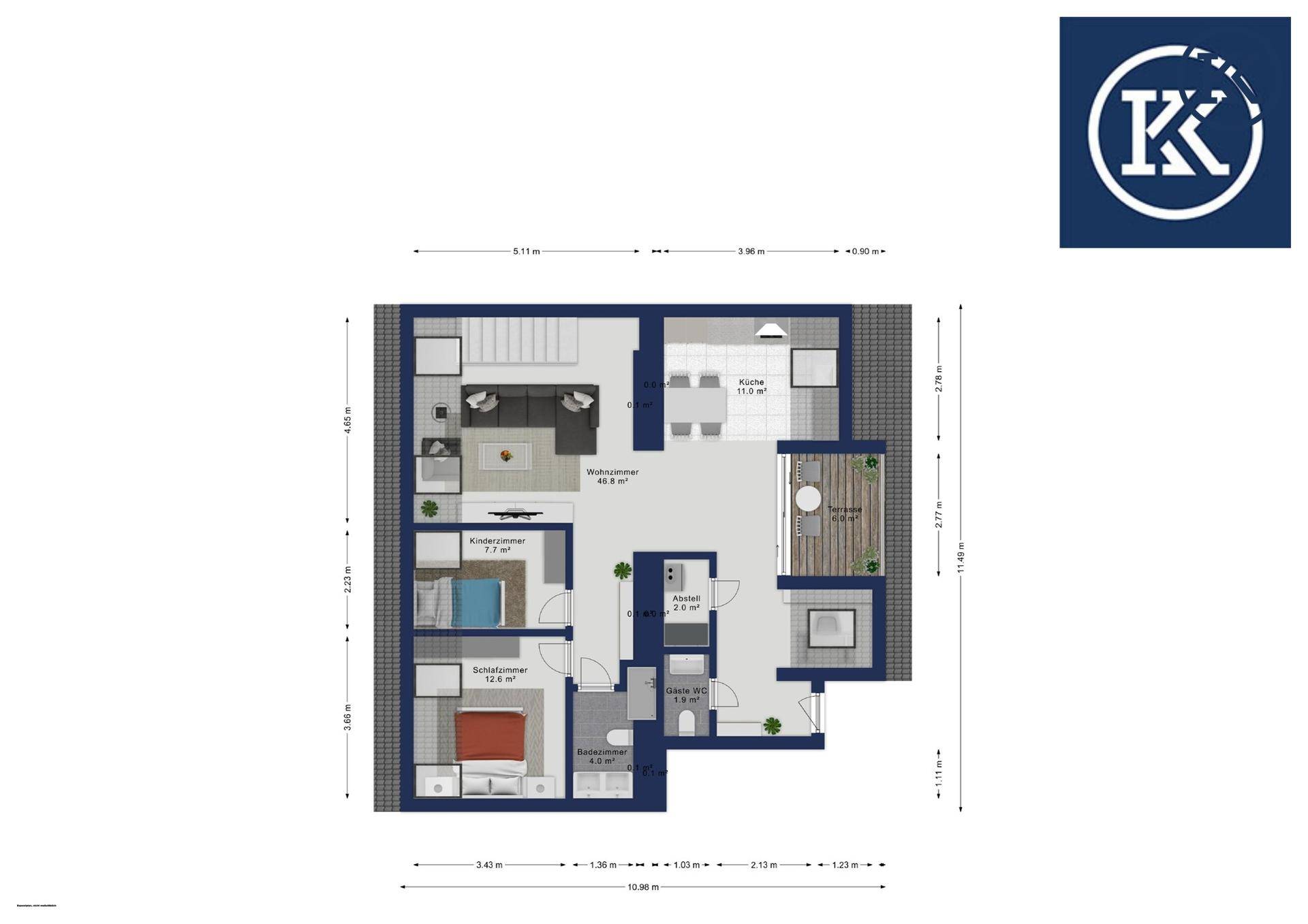 Grundriss des Hauptgeschosses mit Küche, Wohnzimmer, zwei Schlafzimmern und Terrasse.
