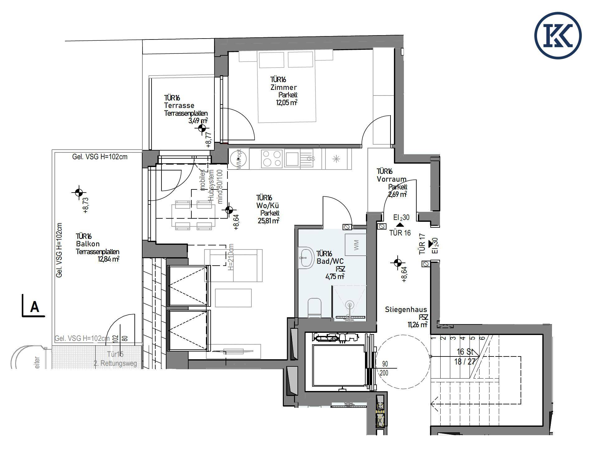 Grundriss einer Wohnung mit Balkon, Terrasse, Wohnküche, Schlafzimmer und Bad.