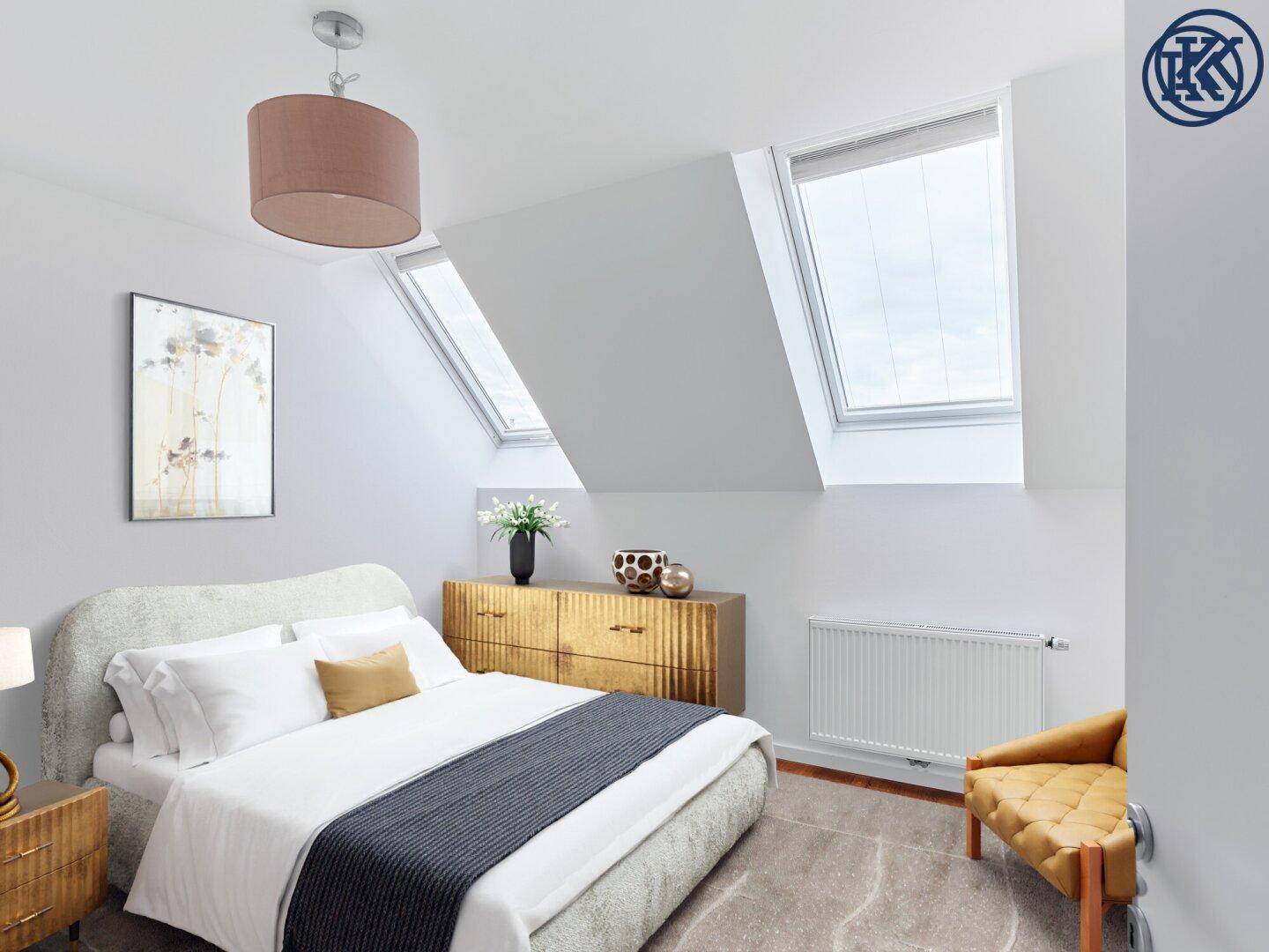 Gemütliches Schlafzimmer mit Dachschrägen, Holzboden und zwei Dachfenstern für viel Tageslicht.