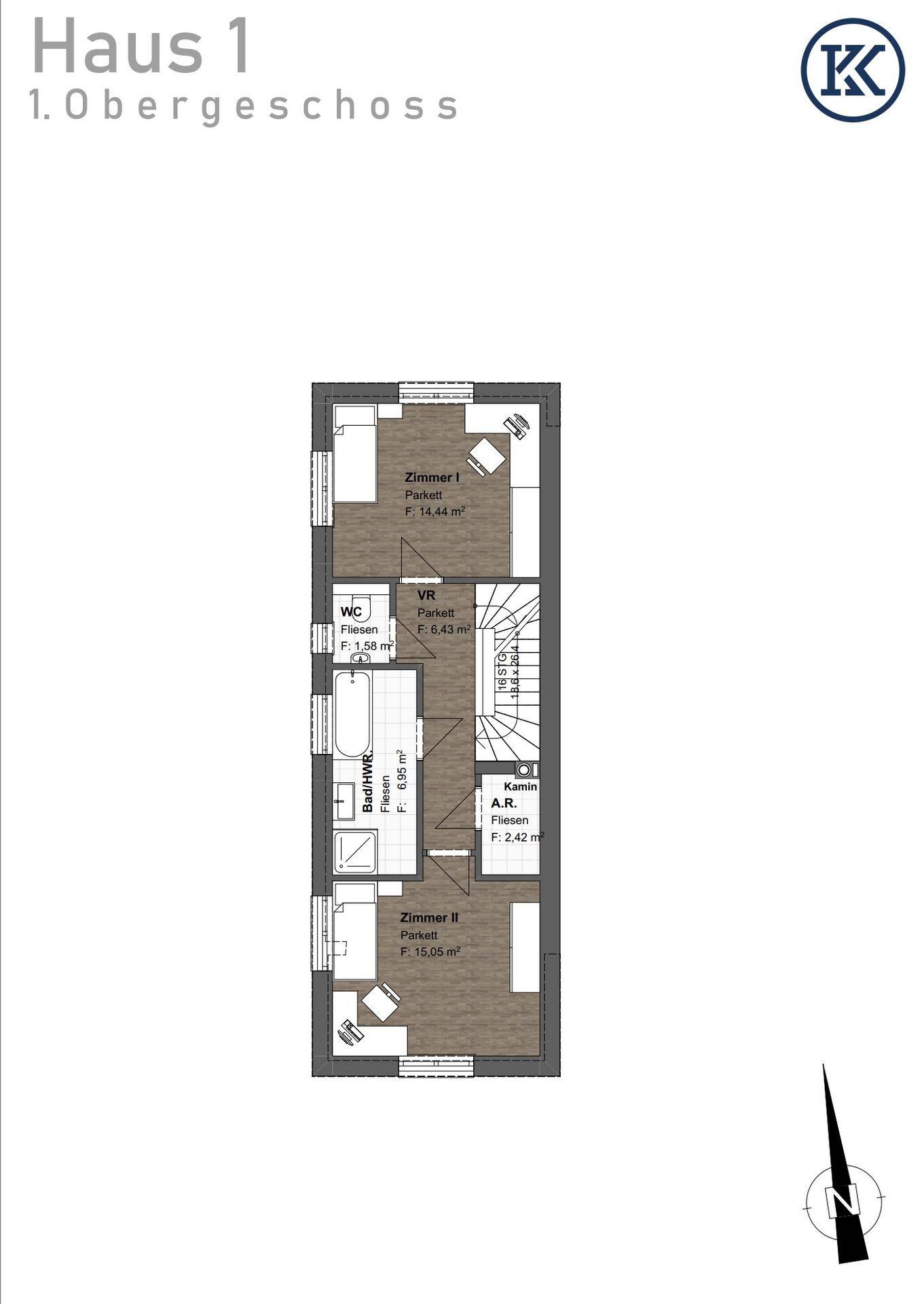 Grundriss des ersten Obergeschosses von Haus 1 mit zwei Schlafzimmern, Bad und WC.