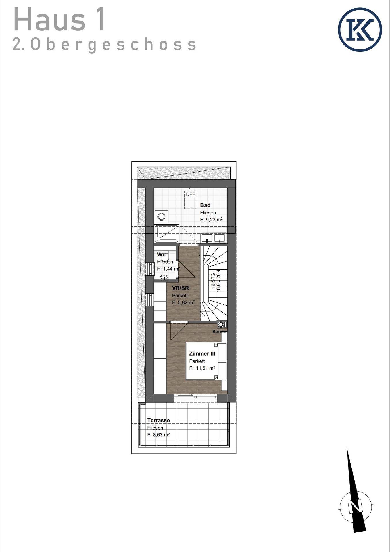 Grundriss des zweiten Obergeschosses von Haus 1 mit einem Zimmer, Bad, WC und Terrasse.