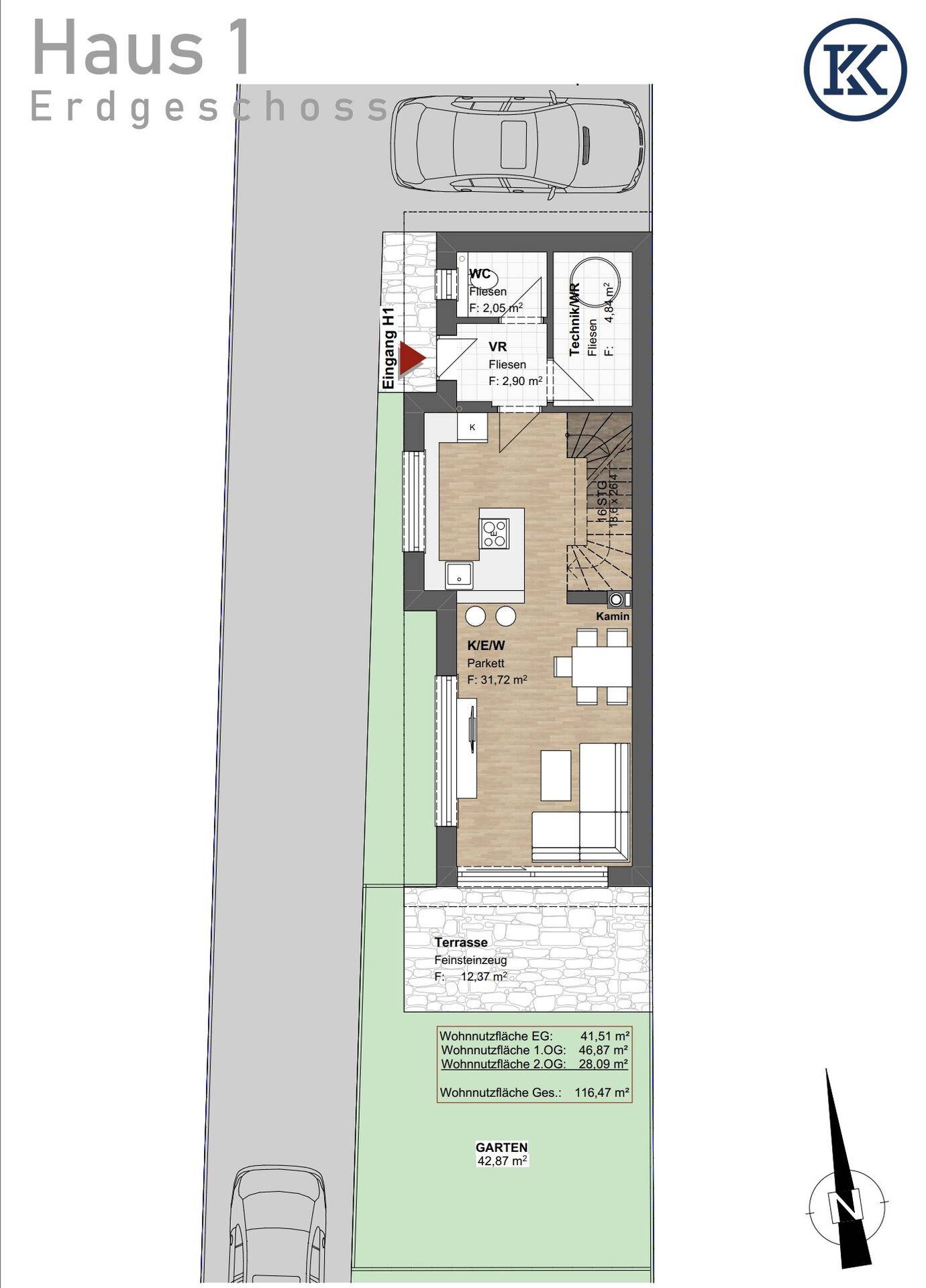 Grundriss des Erdgeschosses von Haus 1 mit offenem Wohn-Essbereich, Küche, Terrasse und Garten.