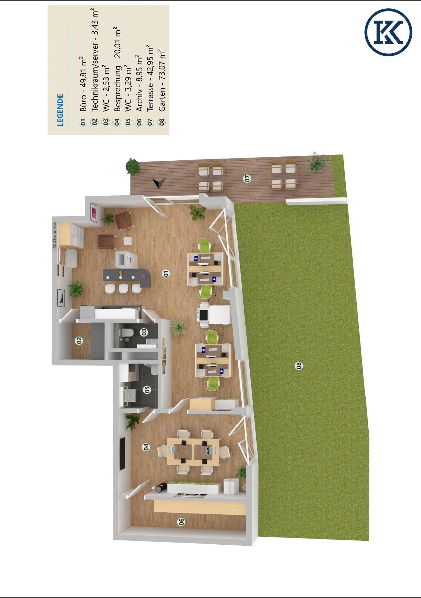 Möblierter Grundriss einer Büroeinheit mit Terrasse und Garten, zeigt die Raumaufteilung und Möblierung.