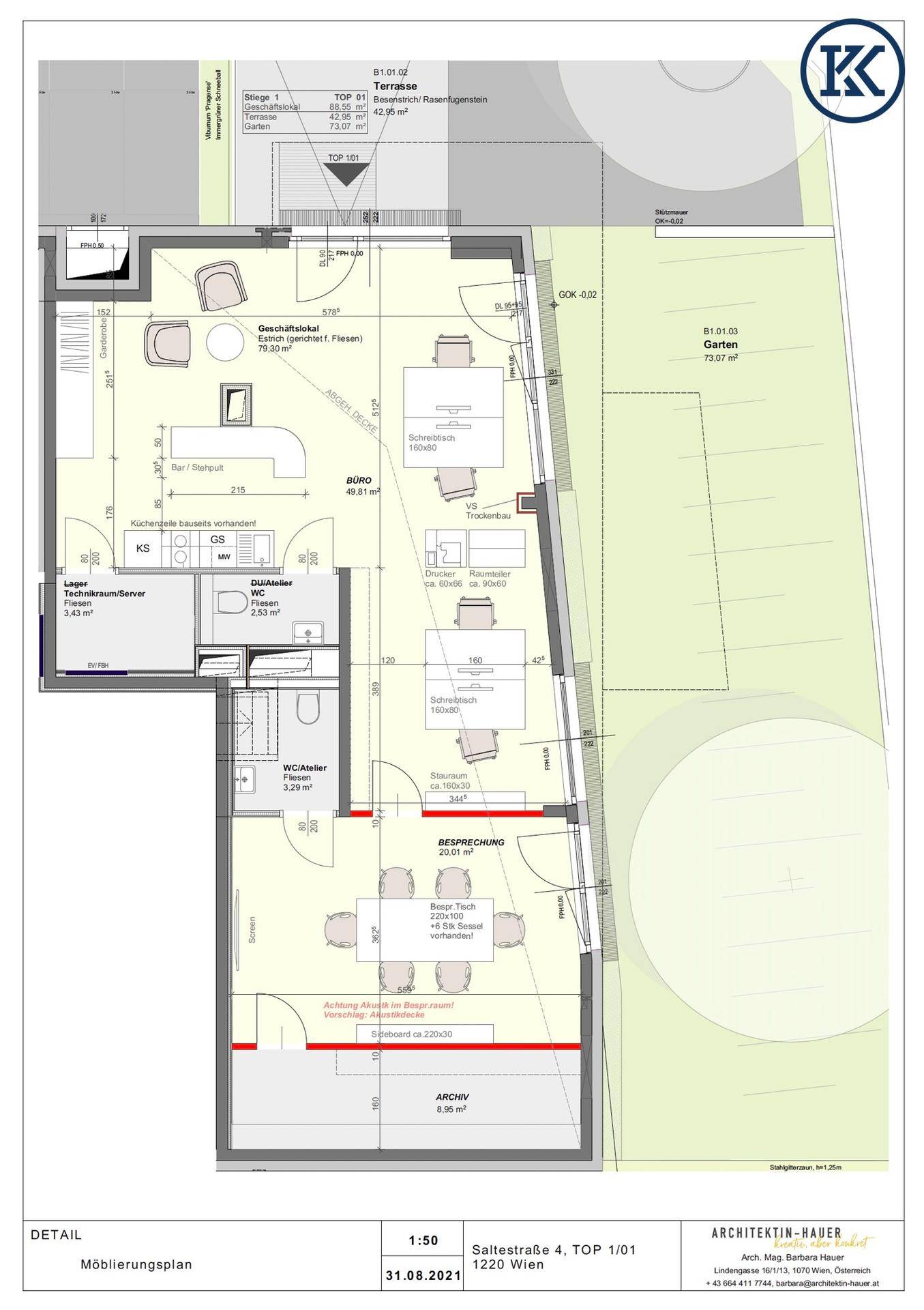 Detaillierter Grundriss einer Gewerbeeinheit mit Lager, WCs, Büroflächen, Terrasse und Gartenbereich.
