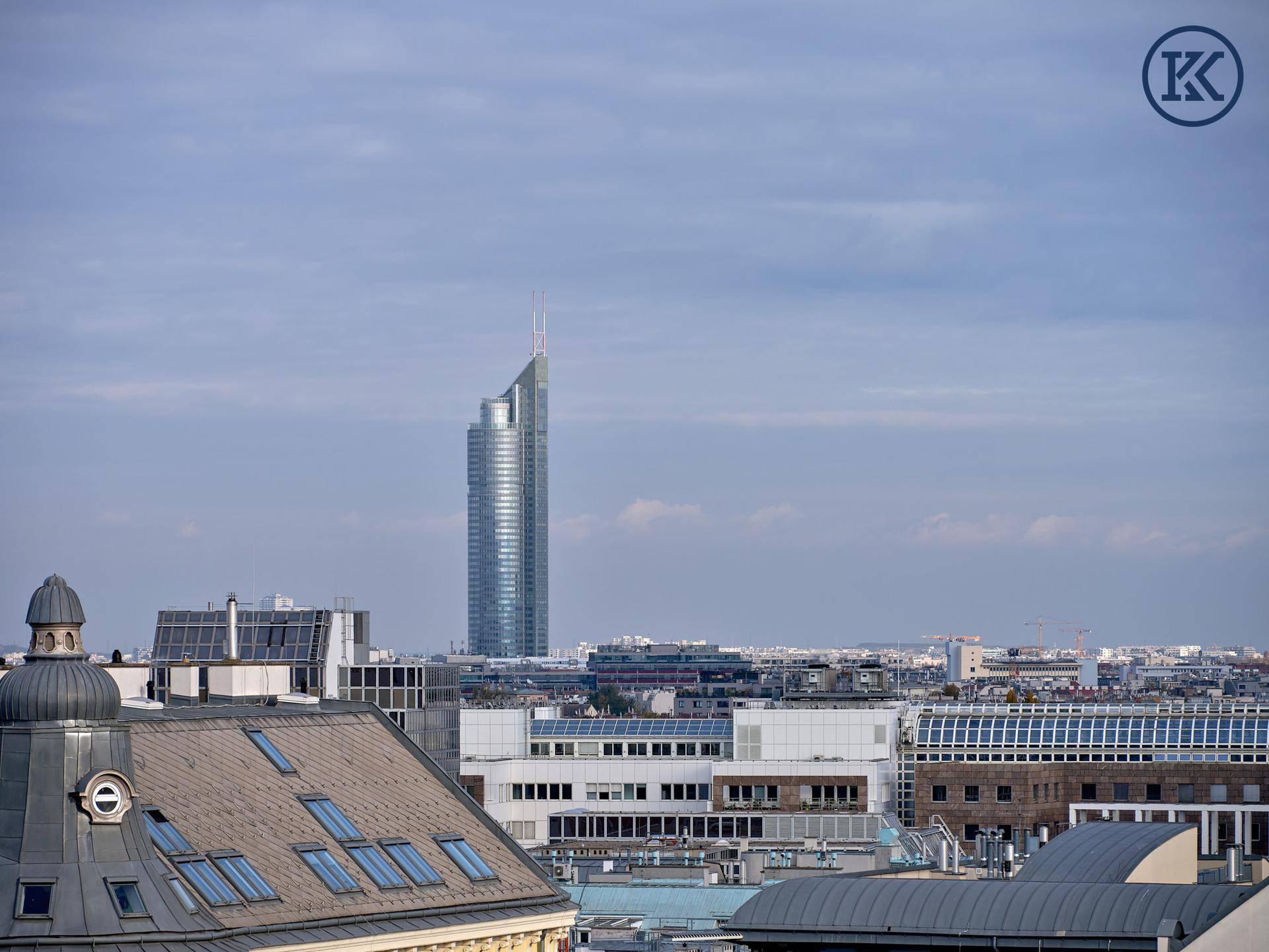 Panoramablick über die Stadt mit markanten Hochhäusern und Dächern unter bewölktem Himmel.