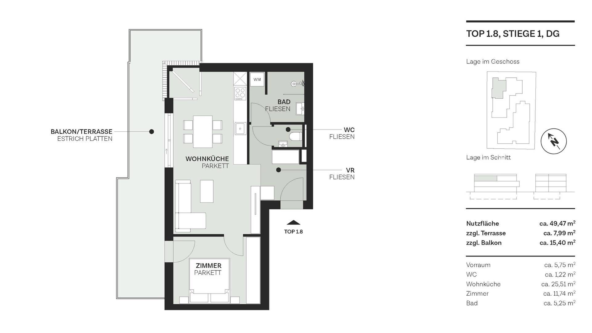 Grundriss der Wohnung TOP 1.8 mit Wohnküche, Schlafzimmer und Balkon/Terrasse.