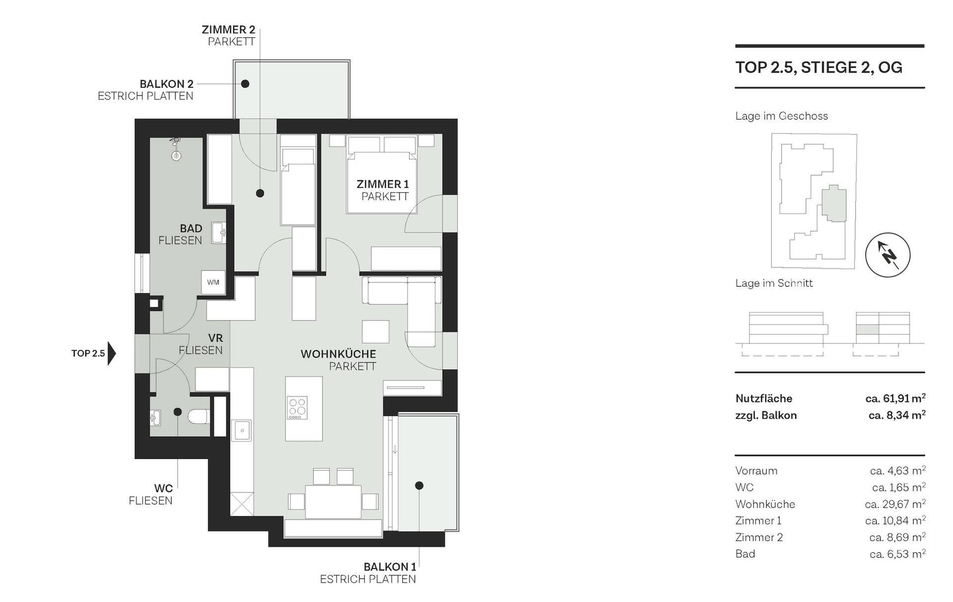 Grundriss der Wohnung Top 2.5 im 2. Obergeschoss mit zwei Balkonen.