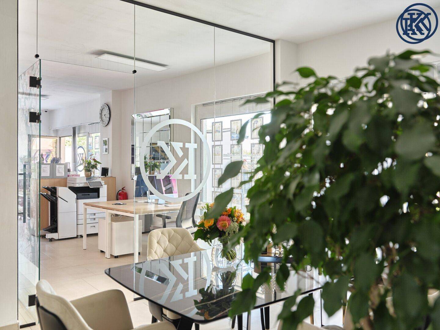 Bürobereich mit Pflanzen und Blick durch eine Glaswand in den Empfangsbereich und weitere Büros.