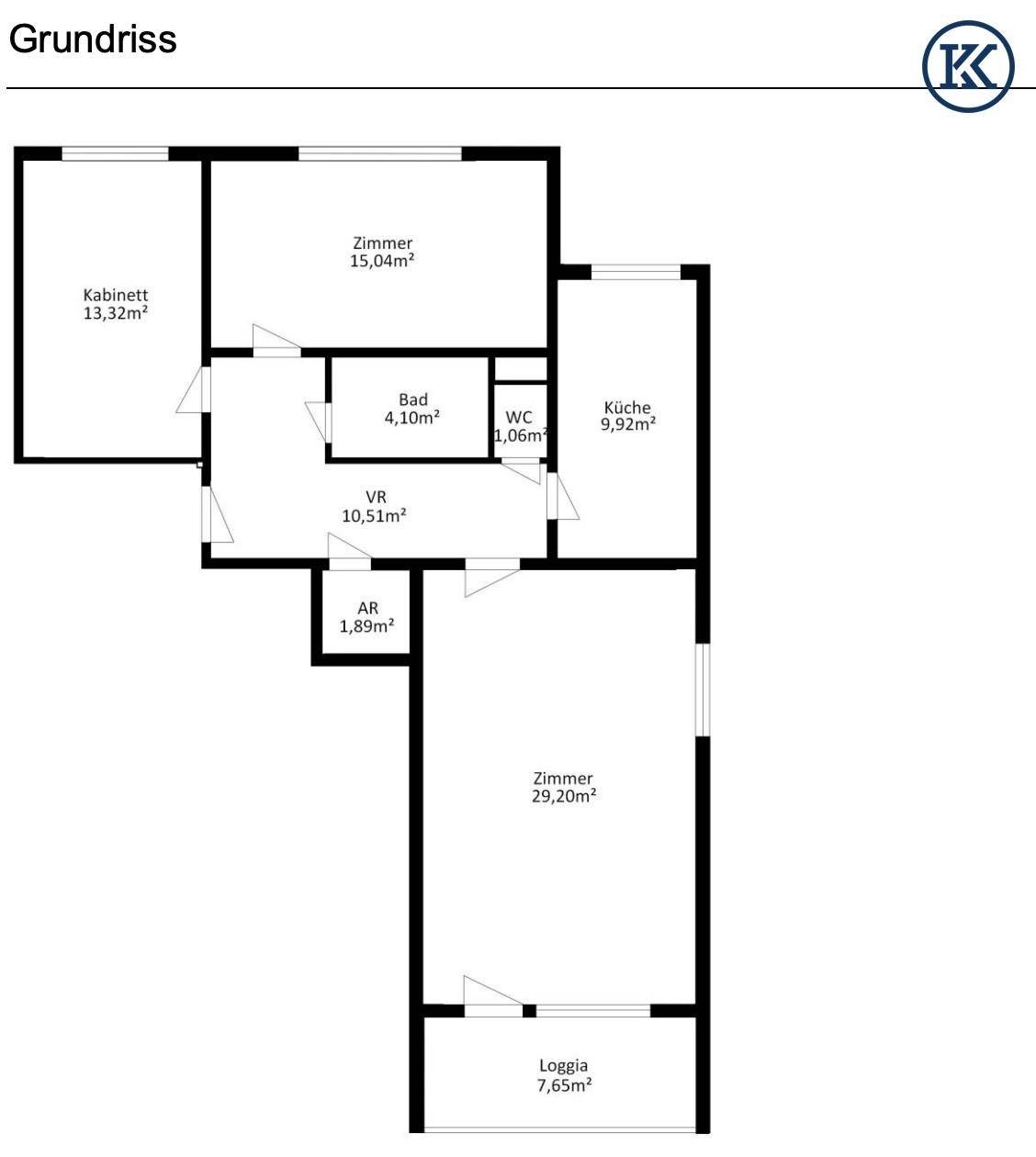 Klassischer 2D-Grundriss einer Wohnung mit Raummaßen und Loggia.