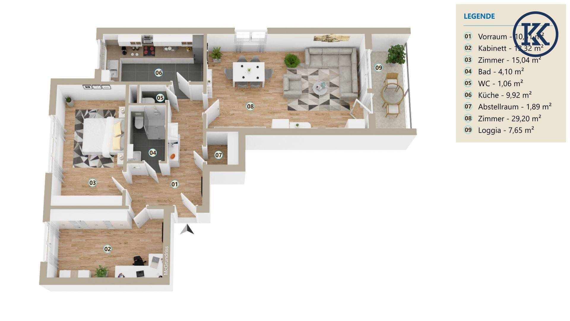Detaillierter 3D-Grundriss einer Wohnung mit offener Wohnküche und Loggia.