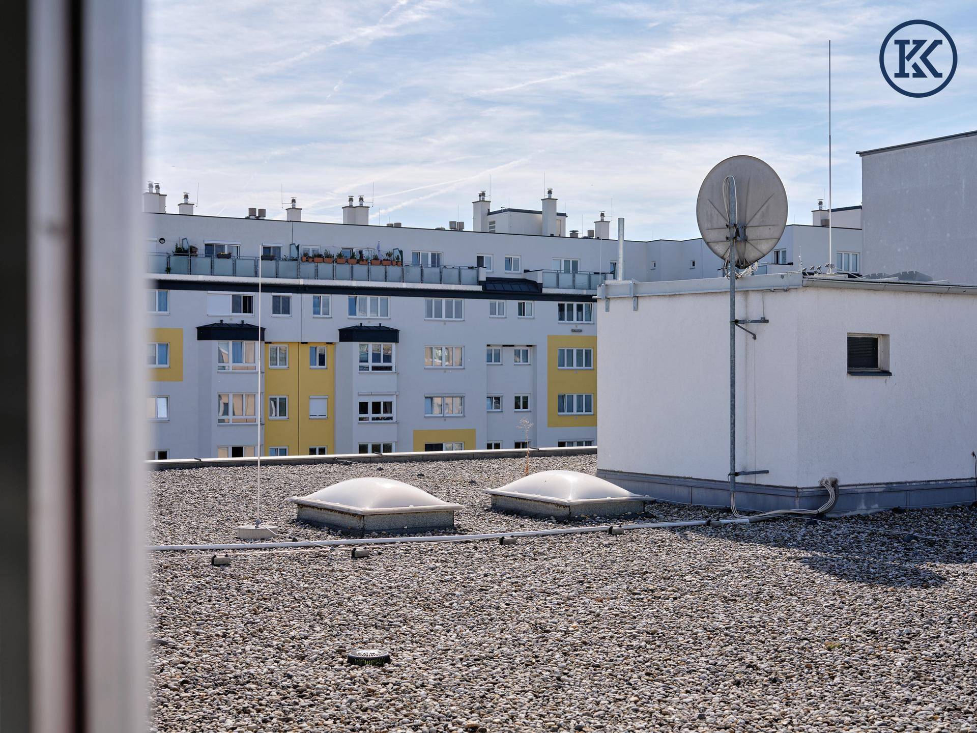 Blick über ein Flachdach mit Dachfenstern und umliegenden Wohngebäuden.