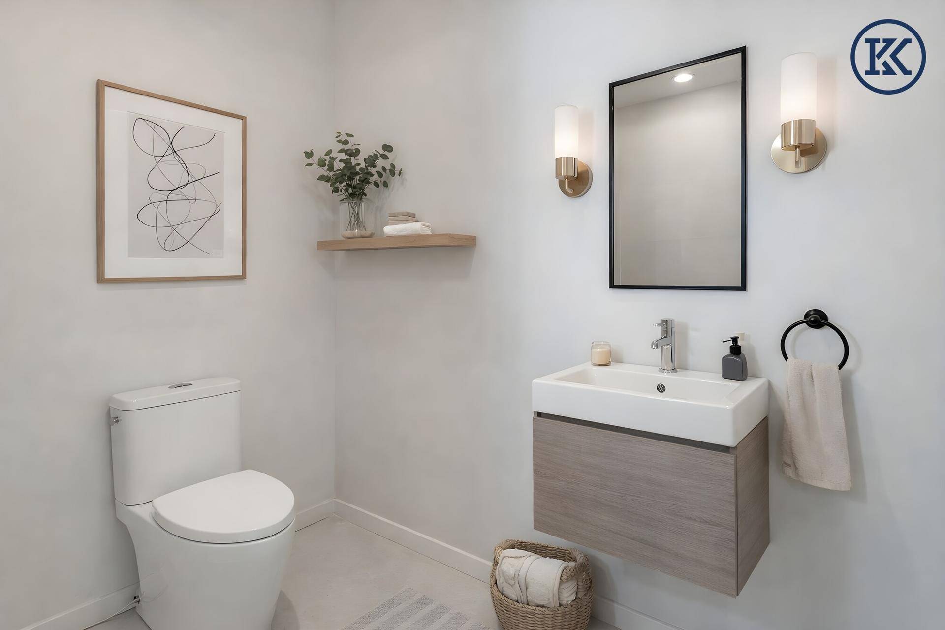 Modernes Gäste-WC mit schwebendem Waschtisch, Spiegel und Wandleuchten.