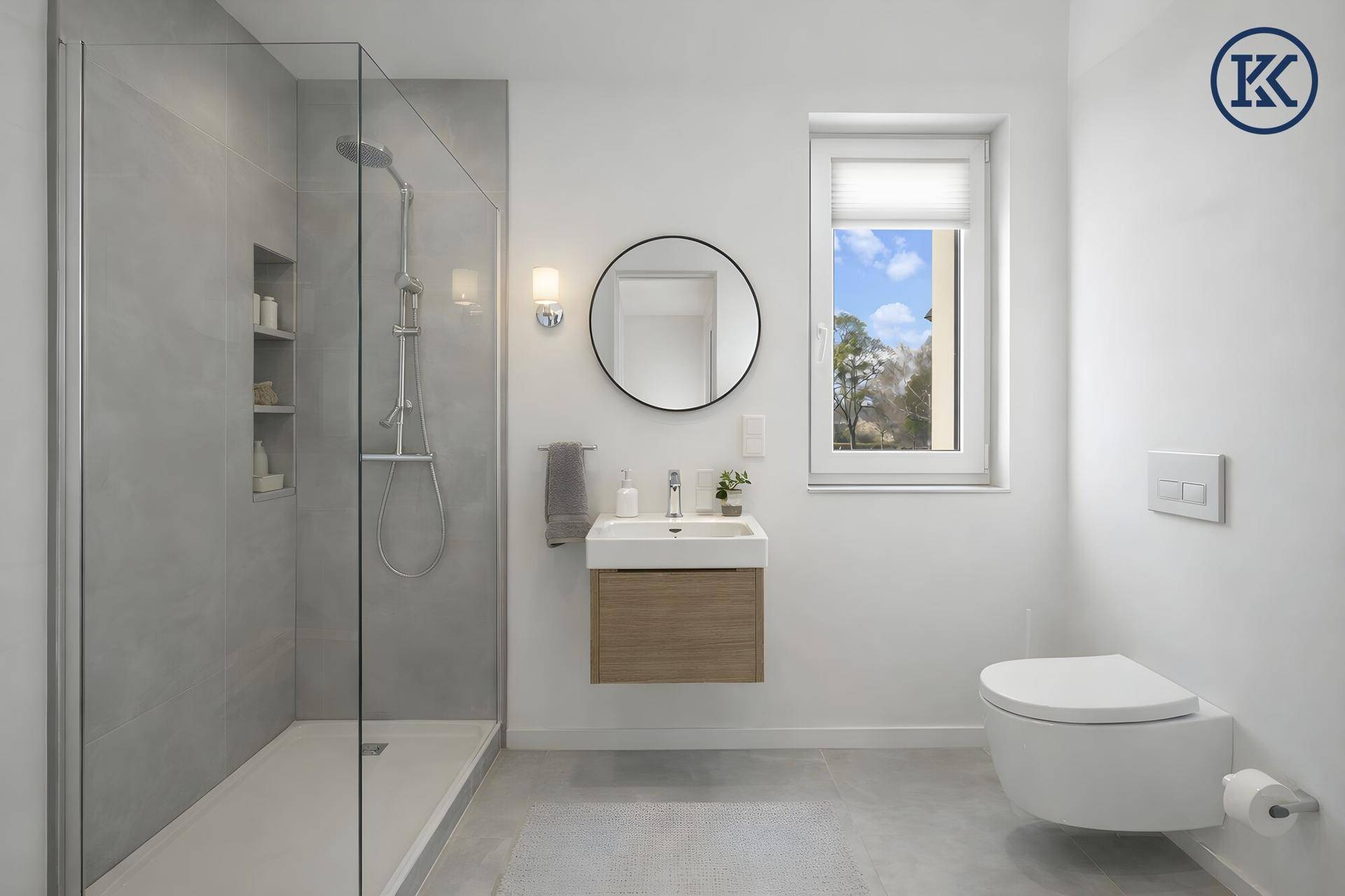 Modernes Badezimmer mit ebenerdiger Dusche, schwebendem Waschtisch und Fenster.