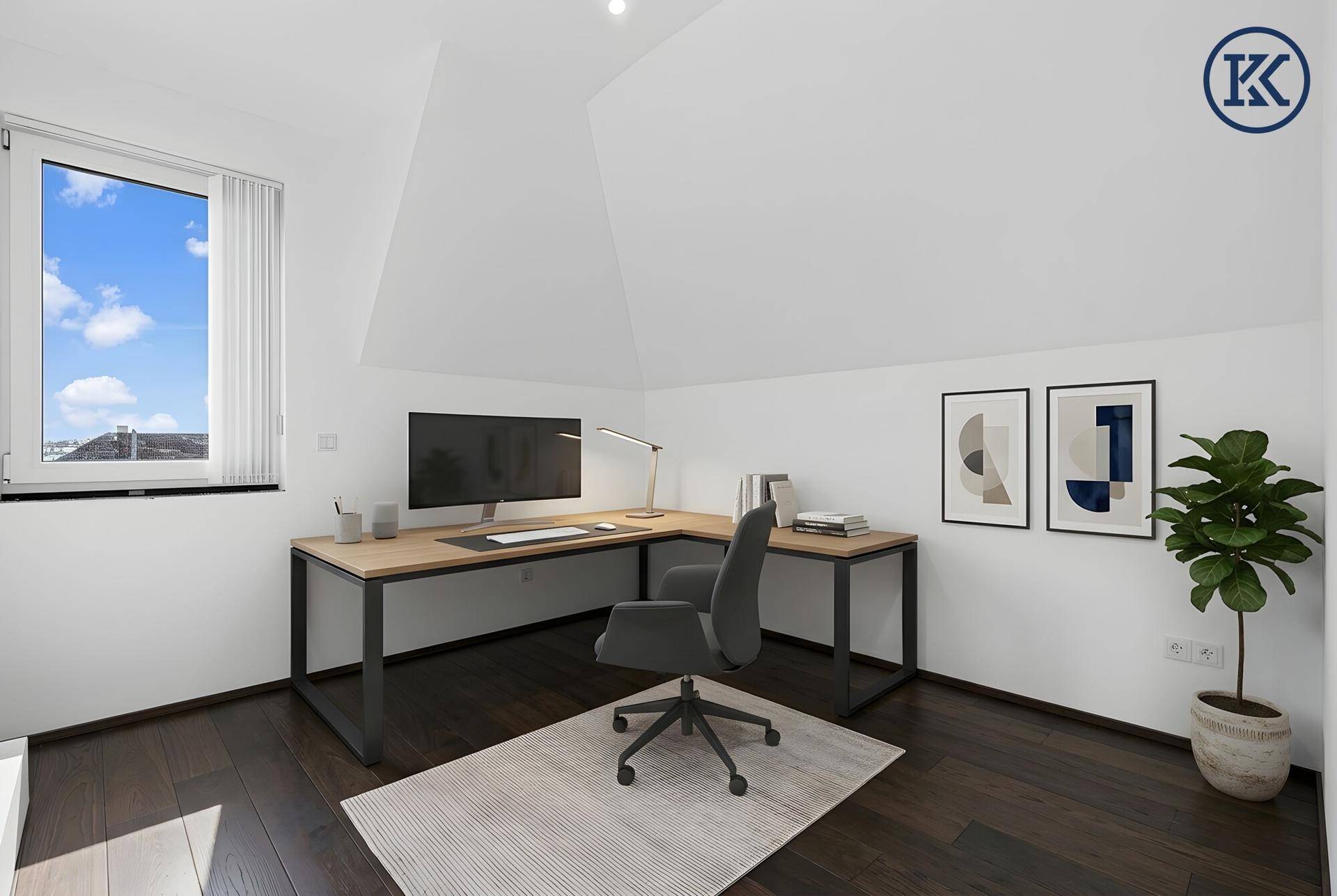 Modernes Büro im Dachgeschoss mit Schreibtisch, Bürostuhl und Fenster mit Ausblick.