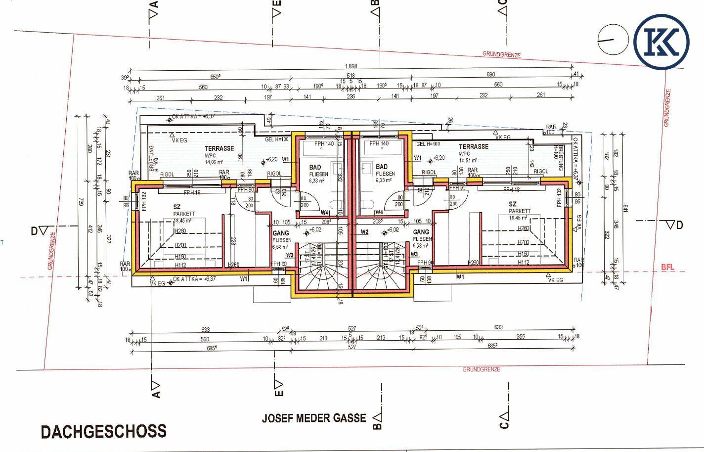 Grundriss des Dachgeschosses mit Schlafzimmern, Bad, Terrasse und Dachschrägen.