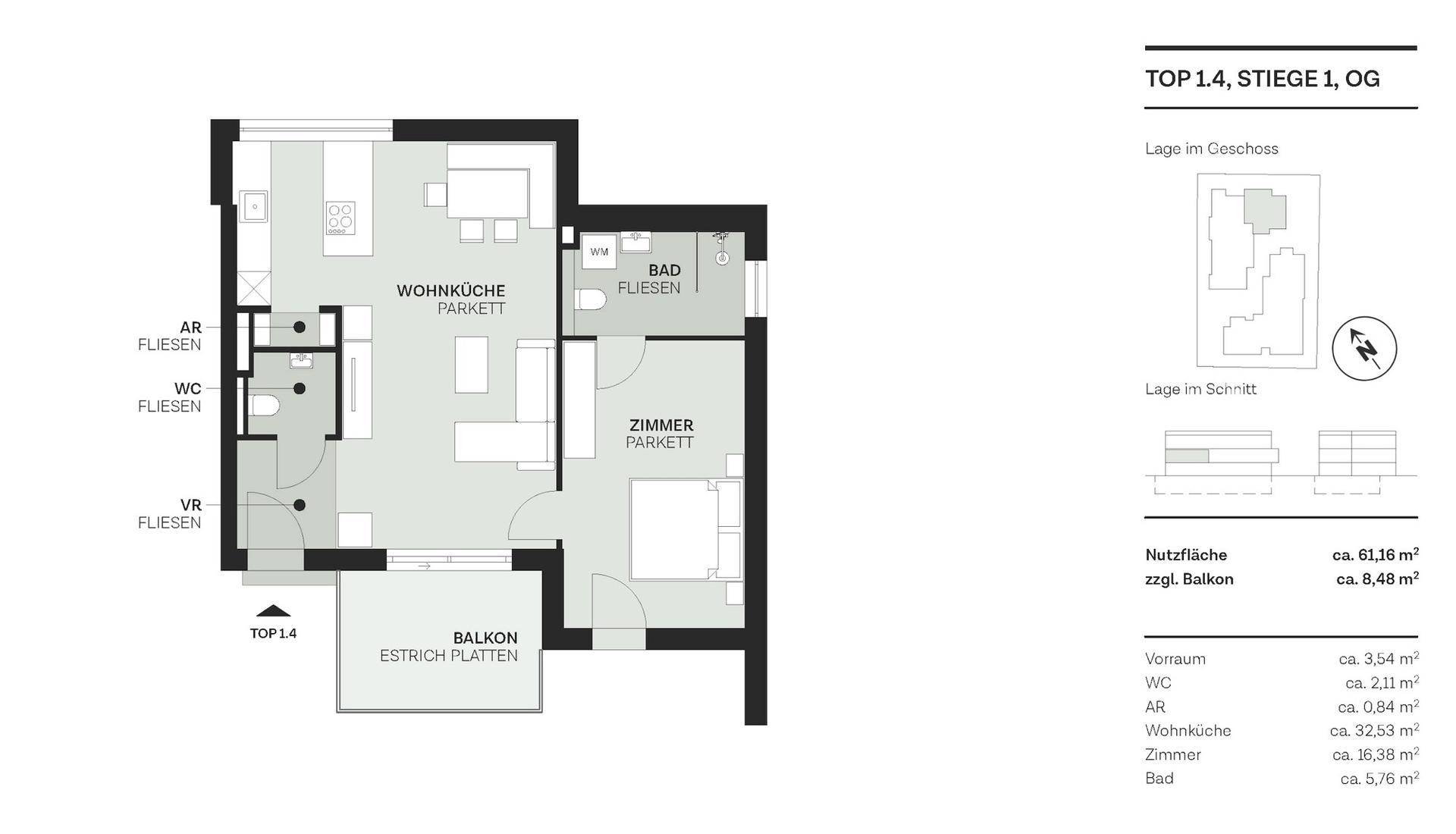 Grundriss der Wohnung TOP 1.4 mit Wohnküche, Zimmer, Bad, WC und Balkon.
