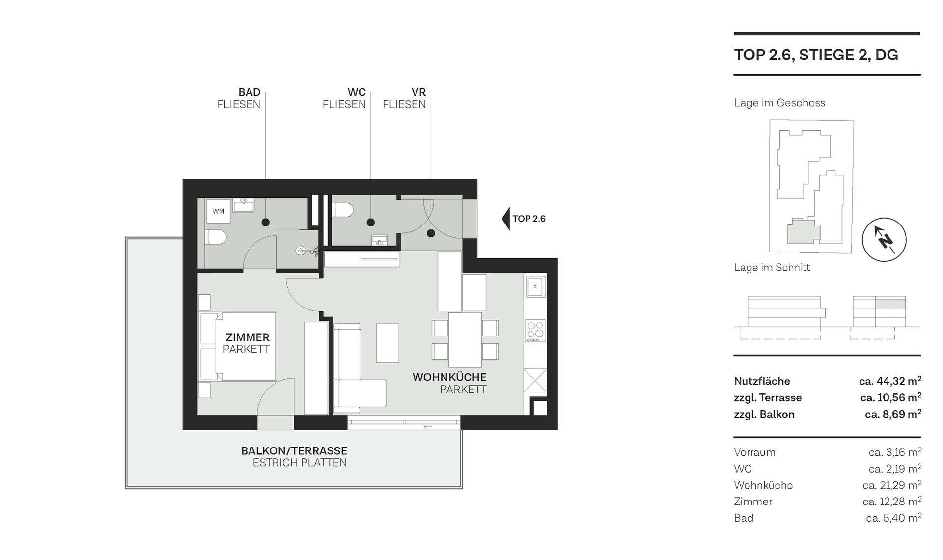 Grundriss einer Wohnung mit Wohnküche, Zimmer, Bad, WC und Balkon/Terrasse.