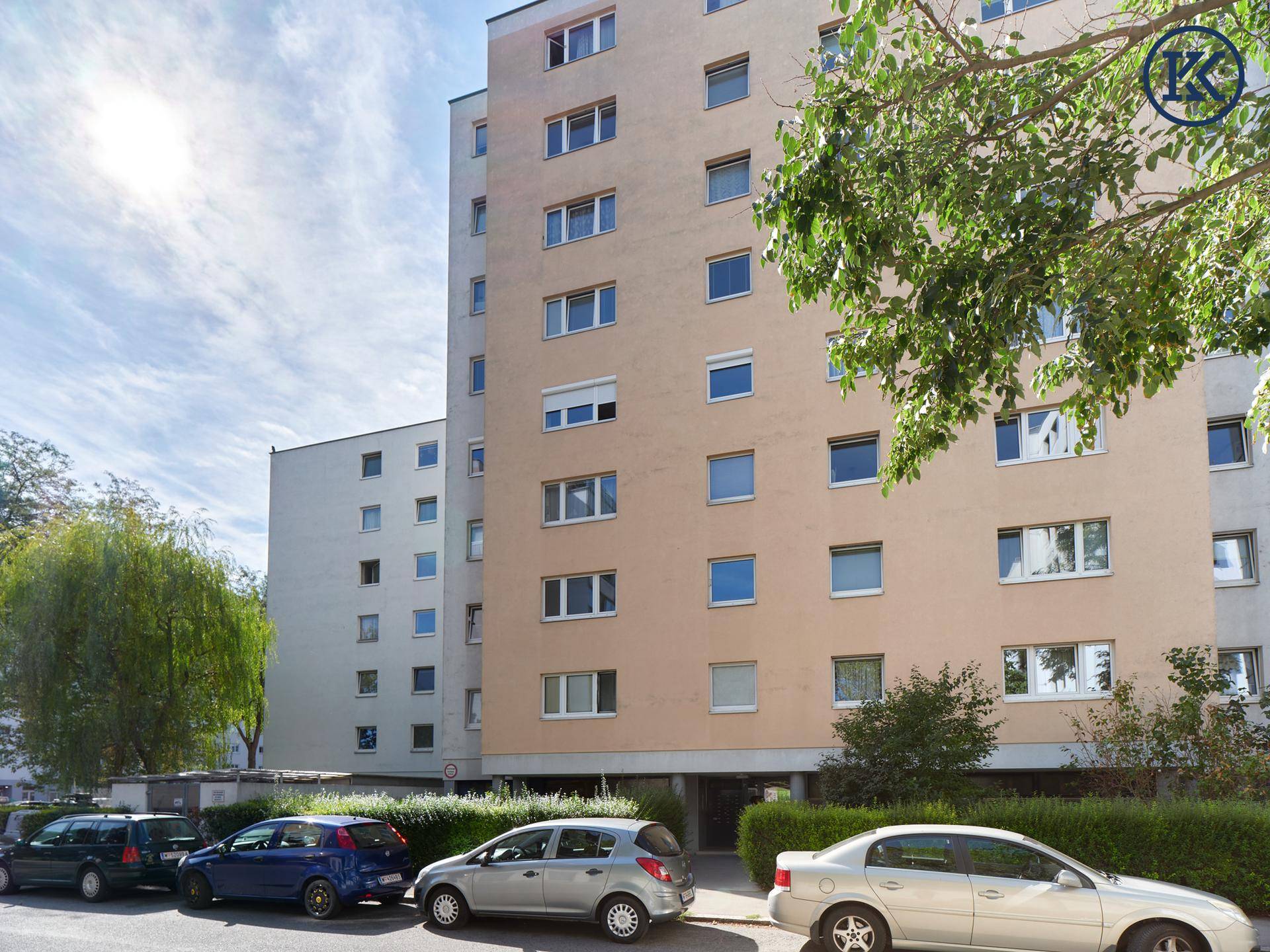 Hohes Wohngebäude mit vielen Fenstern und parkenden Autos auf der Straße davor.