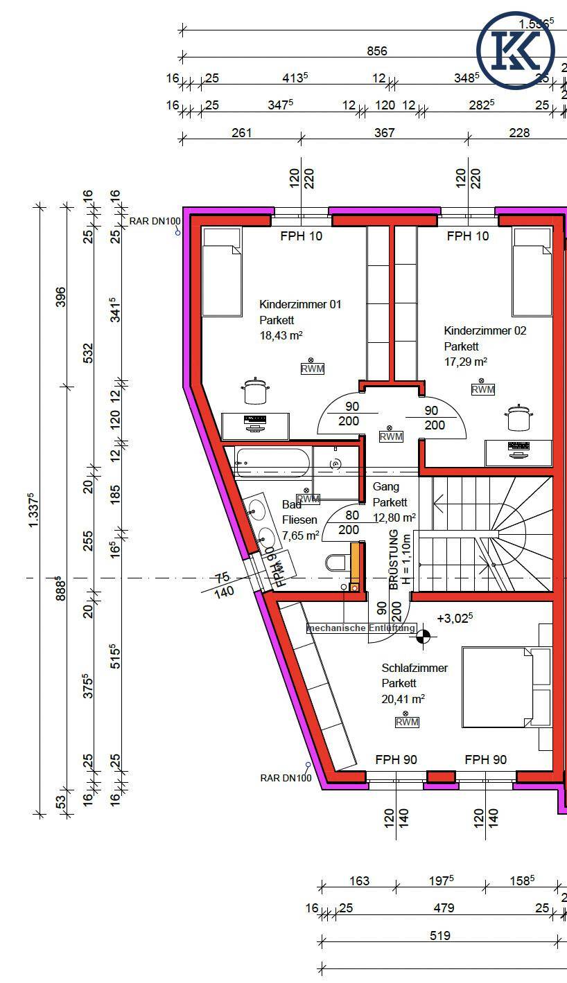 Detaillierter Grundriss des Obergeschosses mit Schlafzimmern, Bad und Balkonzugang.