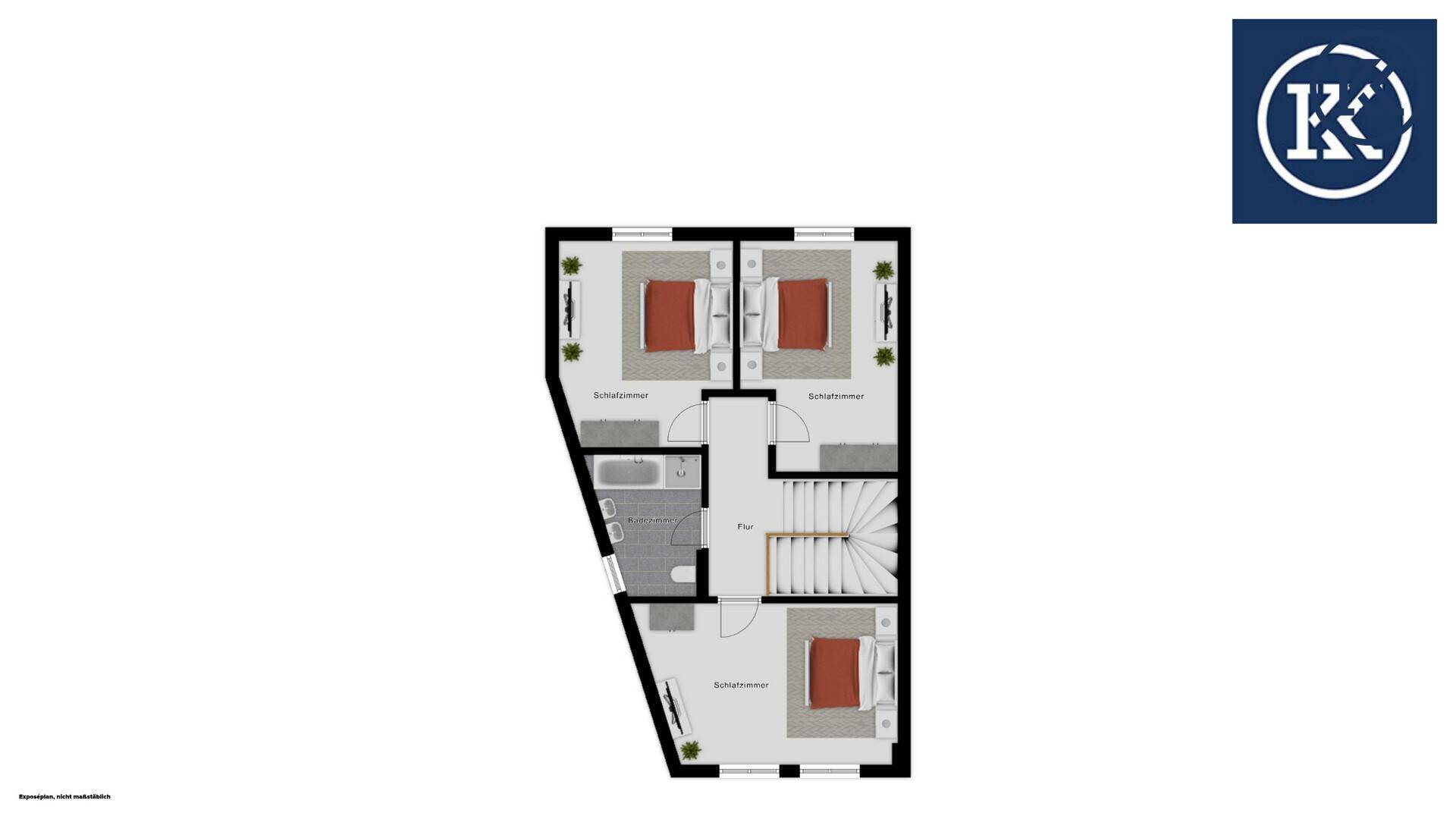 Vereinfachter Grundriss des Obergeschosses mit drei Schlafzimmern und einem Badezimmer.