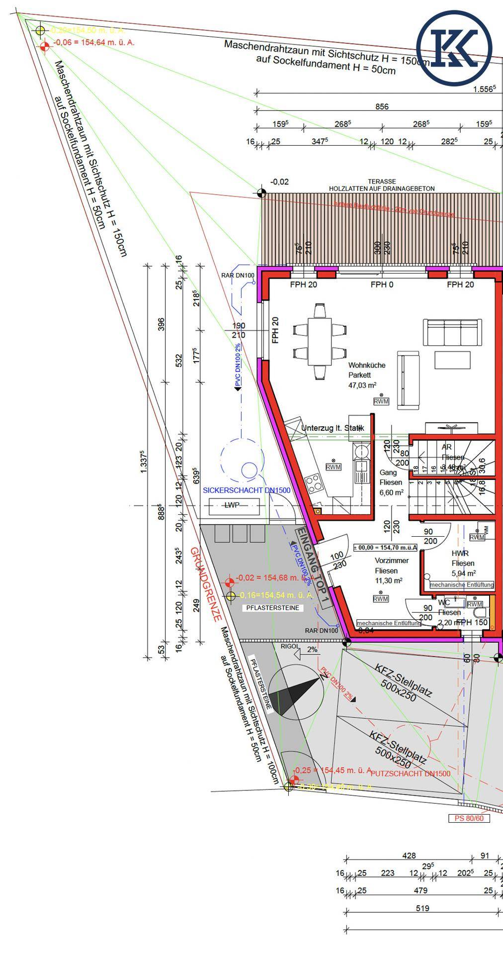 Detaillierter Grundriss des Erdgeschosses mit Wohnküche, Terrasse und Eingangsbereich.