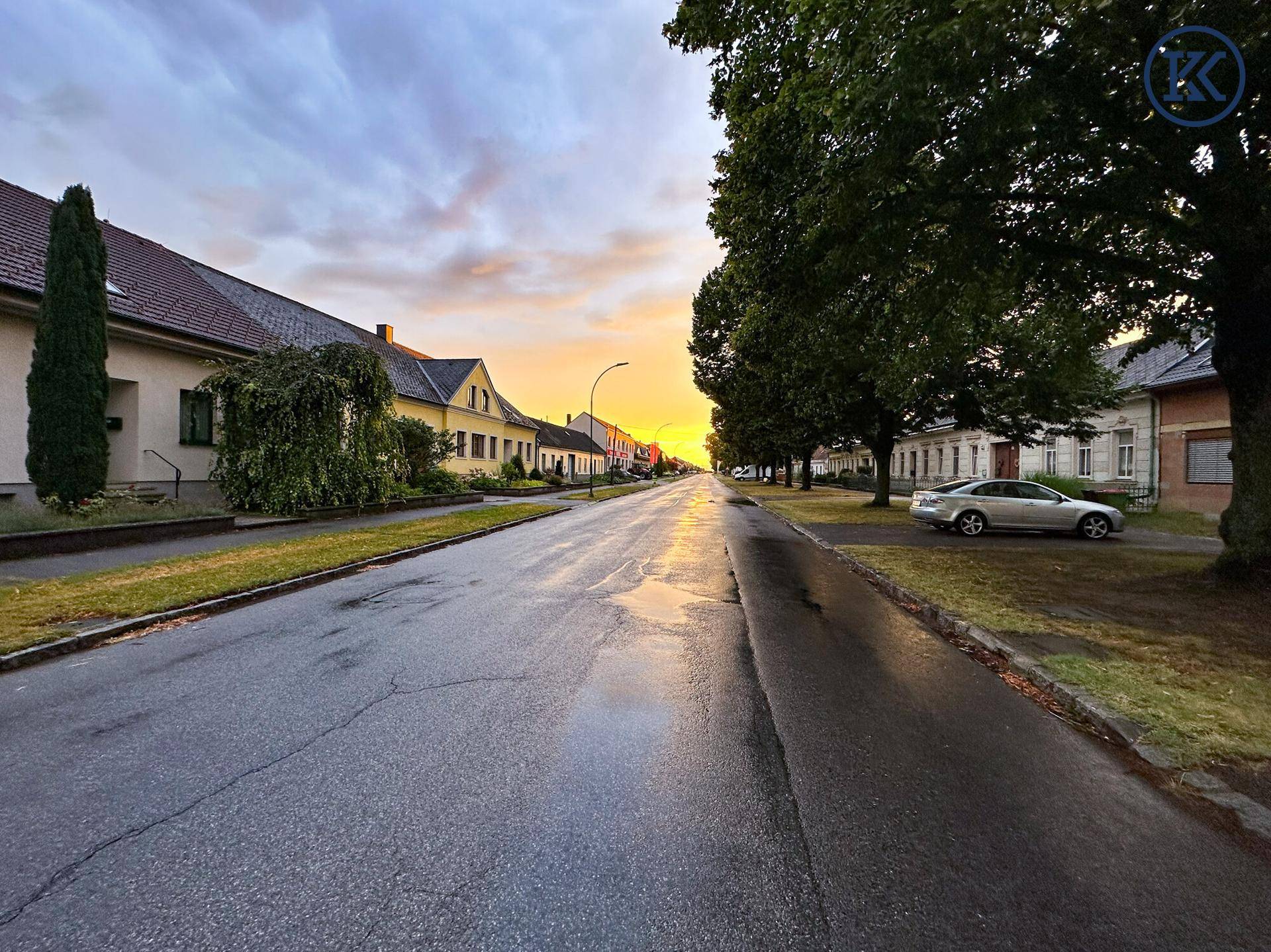 Ruhige Wohnstraße bei Sonnenuntergang mit Häusern und geparkten Autos entlang des Weges.