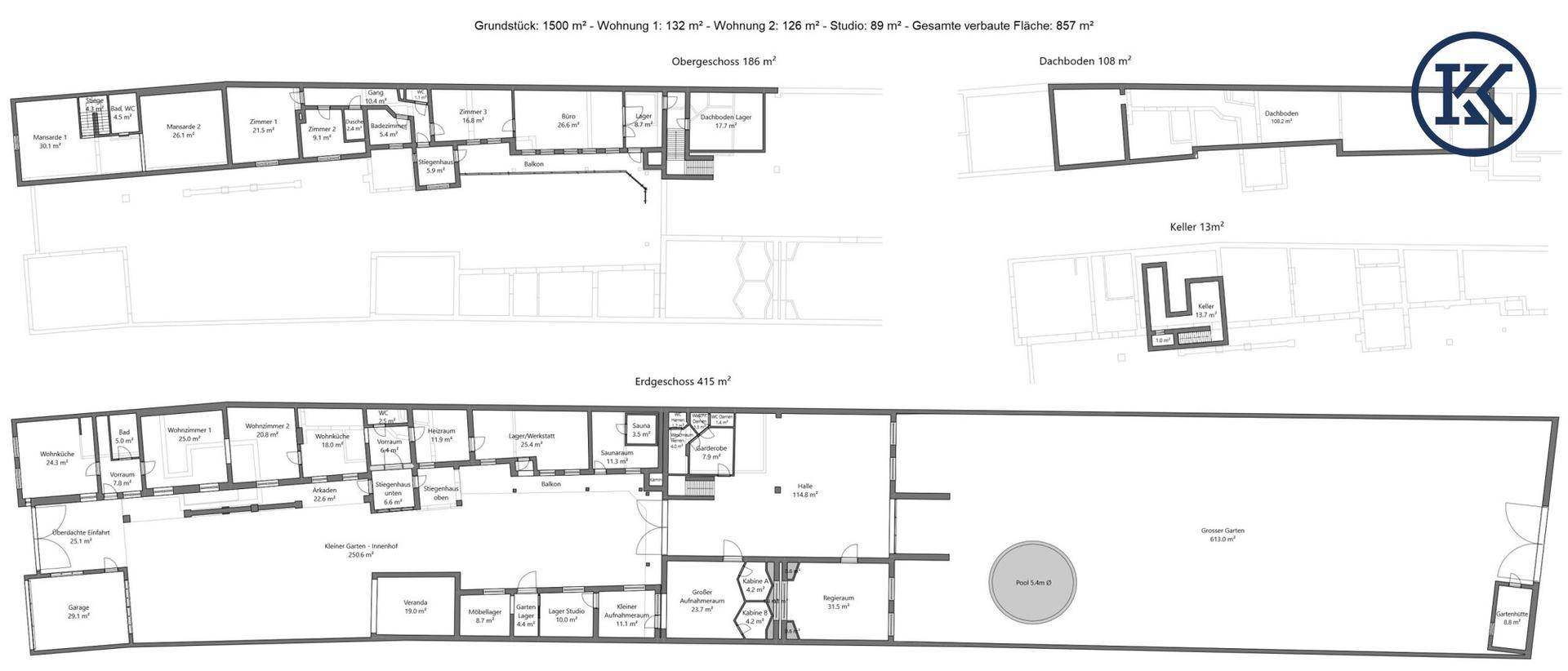 Detaillierter Grundrissplan mit verschiedenen Ebenen und Raumaufteilungen des Gebäudes.