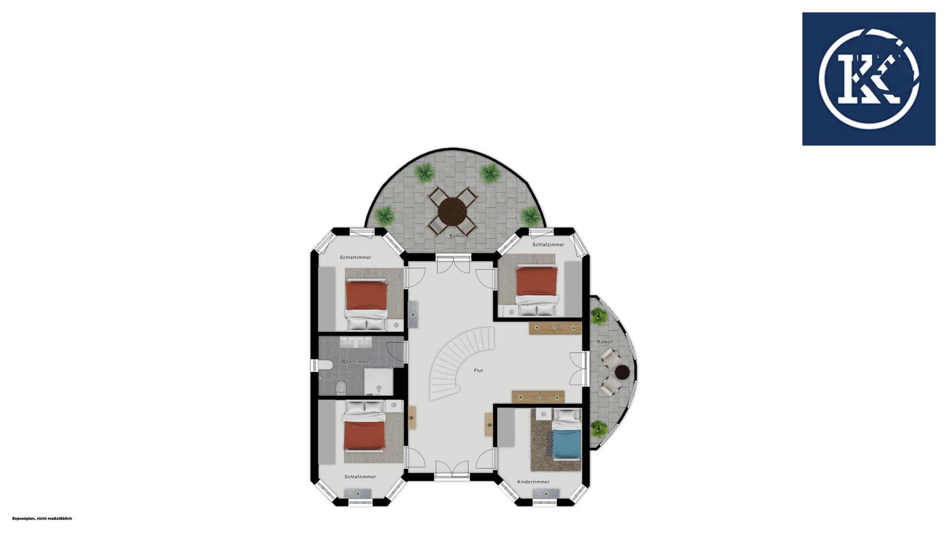 Grundriss des Obergeschosses mit mehreren Schlafzimmern, Bädern und Balkonzugang.