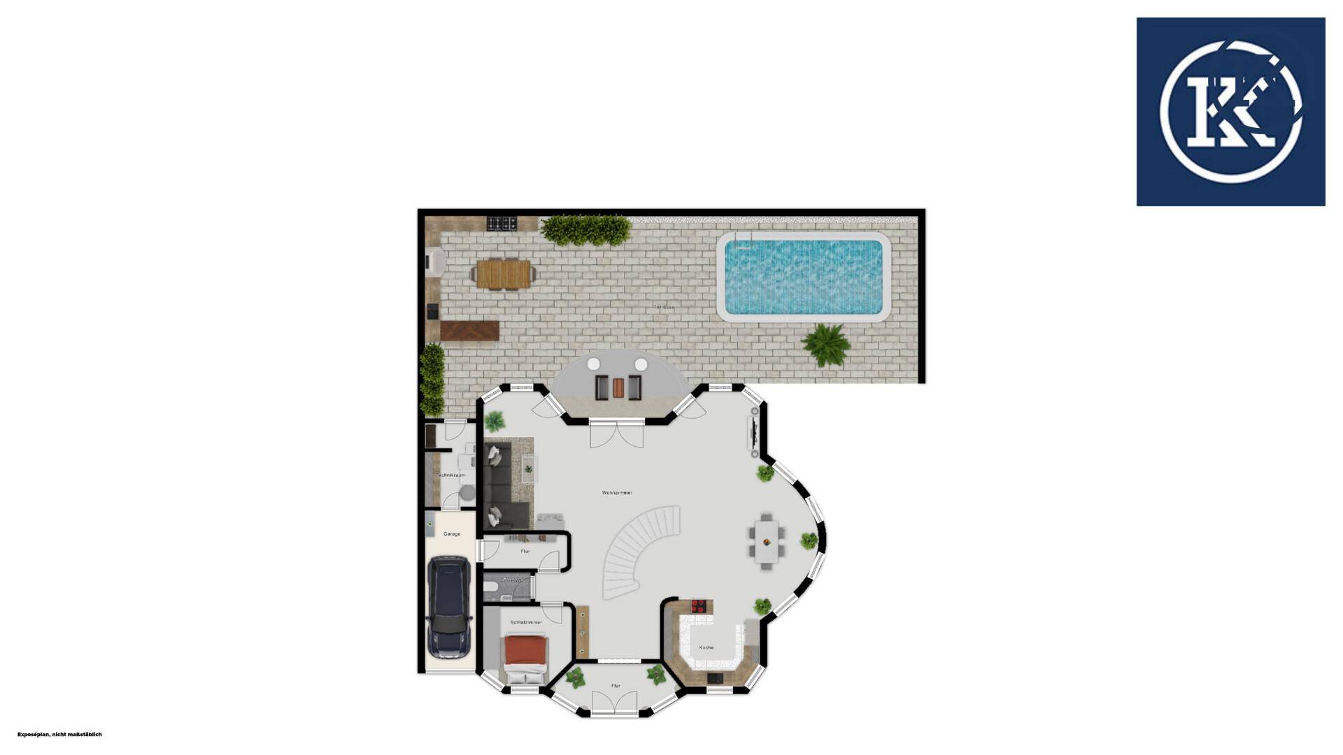 Grundriss des Erdgeschosses mit offener Küche, Wohnbereich, Pool und Terrasse.