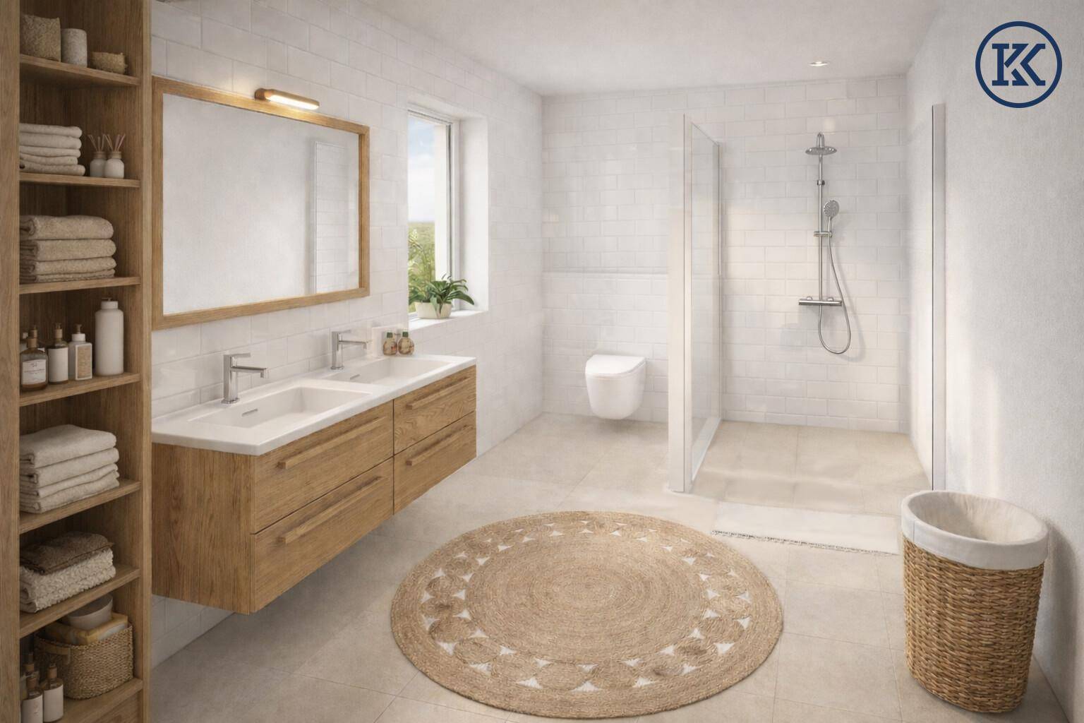 Helles modernes Badezimmer mit Doppelwaschbecken, großer Dusche und Fenster.