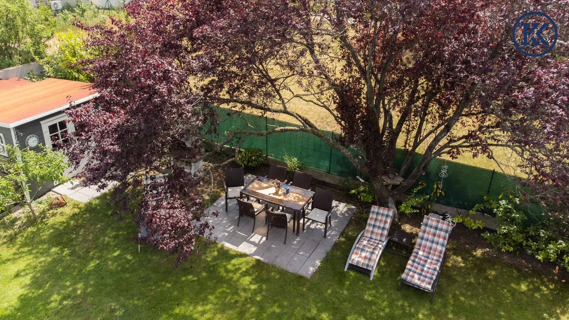 Gemütlicher Essbereich im Freien unter einem großen Baum mit Sonnenliegen und Grillplatz.
