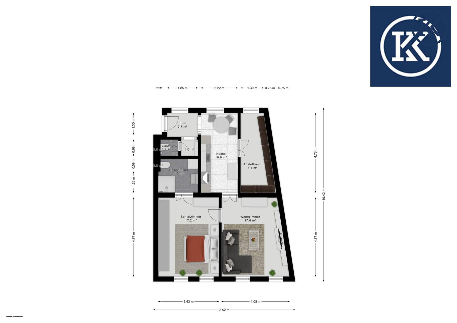 Grundriss einer Wohnung mit zwei Schlafzimmern, Küche und Wohnbereich.